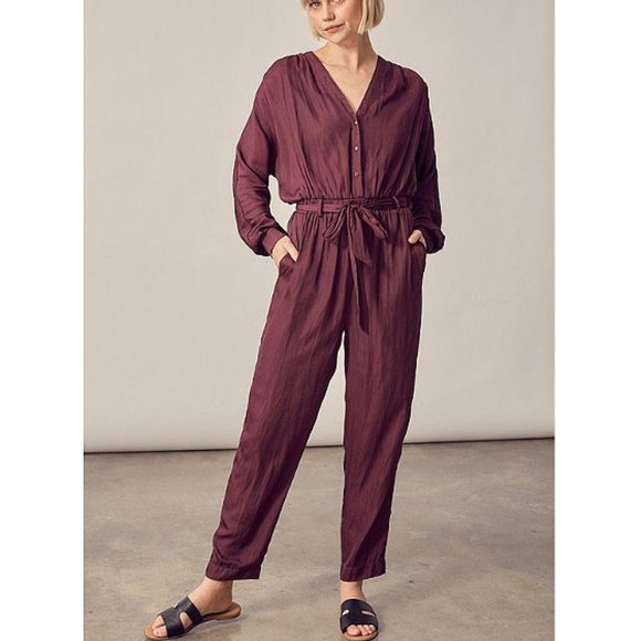 Wine Long Sleeve Tie Waist Satin Crepe Jumpsuit 2 - Picture 1 of 5